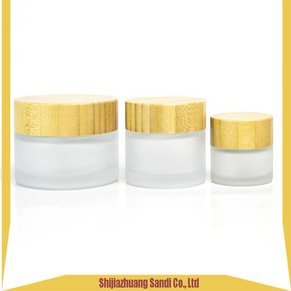 Free Sample Wooden Cosmetic Packaging Glass Frosted Cream Jar Container with Bamboo Lid