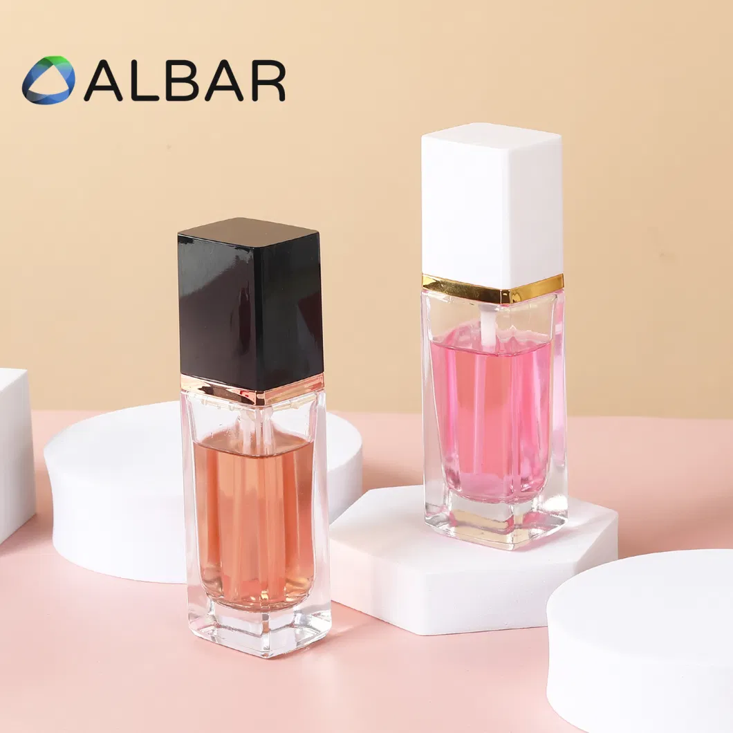 20ml 30ml Clear and Frosted Customize Makeups Foundation Crystal Glass Perfume Cosmetics Bottle with Press Pump or Spray in Rectangular Square Shape Portable