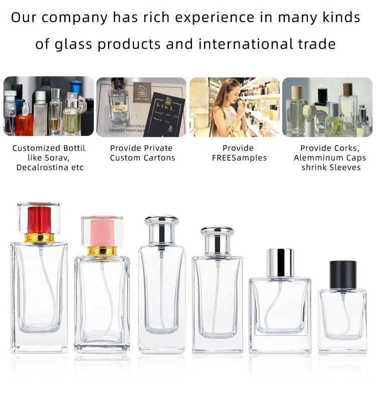 Wholesale 30ml 50ml Customized Clear Glass Square Perfume Spray Bottle Wihte Fine Mist Pump