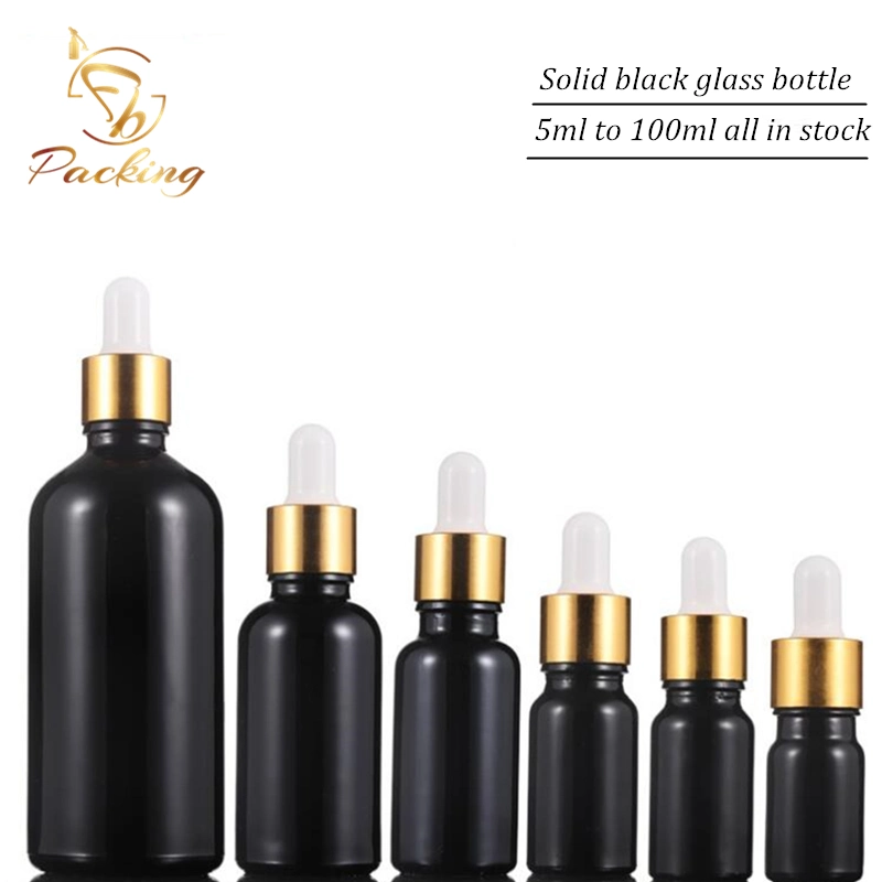 High Light-Proof 5ml 10ml 15ml 20ml 30ml 50ml 100ml Shiny Solid Black Glass Dropper Bottle with Gold Aluminum Cap Dropper for Special Cosmetic Essential Oil